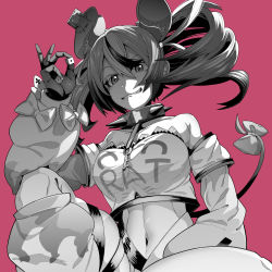 Rule 34 | 1girl, absurdres, animal ears, bow, breasts, collar, detached sleeves, dice, greyscale with colored background, hakos baelz, highres, holding dice, hololive, hololive english, key, midriff, moku x moku, mouse ears, mouse tail, navel, spiked collar, spikes, tail, tail bow, tail ornament, twintails, virtual youtuber