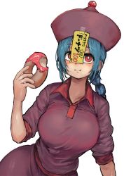 Rule 34 | 1girl, :i, absurdres, blouse, blue hair, braid, braided ponytail, breasts, bright pupils, chanta (ayatakaoisii), closed mouth, collared shirt, cowboy shot, doughnut, eating, elbow sleeve, food, food bite, hat, highres, holding, huge breasts, jiangshi, long hair, looking at viewer, ofuda, ofuda on clothes, original, red eyes, red hat, red shirt, red skirt, sale, shirt, simple background, single braid, skirt, solo, translation request, white background, white pupils, wing collar