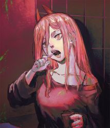 Rule 34 | + +, 1girl, artist name, bathroom, black shirt, bra strap, breasts, brushing teeth, chainsaw man, collarbone, commentary, cross-shaped pupils, cup, demon horns, expressionless, hair between eyes, head tilt, highres, holding, holding cup, holding toothbrush, horns, indoors, lips, long hair, looking at viewer, medium breasts, off-shoulder shirt, off shoulder, open mouth, pink hair, power (chainsaw man), red eyes, sharp teeth, shirt, signature, solo, straight hair, symbol-shaped pupils, teeth, tile wall, tiles, tongue, toothbrush, upper body, zemzk