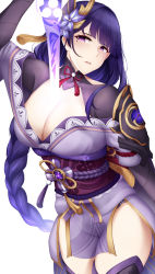 Rule 34 | 1girl, absurdres, arturaxia, bare shoulders, between breasts, braid, breasts, cleavage, detached collar, genshin impact, hair ornament, highres, human scabbard, japanese clothes, katana, kimono, large breasts, long hair, long sleeves, looking at viewer, low-braided long hair, low-tied long hair, mole, mole under eye, obi, off shoulder, parted lips, purple eyes, purple hair, purple kimono, purple thighhighs, raiden shogun, sash, solo, sword, thighhighs, thighs, weapon, wide sleeves