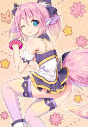 Rule 34 | 1girl, ;), animal ears, ankle boots, armband, ass, back, bare shoulders, blue eyes, blush, boots, bow, bracer, breasts, buttons, camisole, from side, fur trim, genkai tokki moero chronicle, genkai tokki monster monpiece, gradient hair, hair bow, halftone, ikeda yuuki, light smile, lilia (genkai tokki moero chronicle), looking at viewer, looking back, md5 mismatch, microskirt, multicolored hair, no panties, one eye closed, orange background, outline, pink hair, purple thighhighs, resolution mismatch, short hair, short twintails, skirt, small breasts, smile, solo, source smaller, star (symbol), tail, thighhighs, twintails, wink, wolf ears, wolf tail, yellow thighhighs