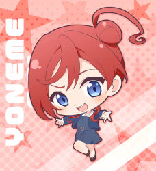 Rule 34 | 1girl, blue eyes, blue jacket, brown footwear, character name, chibi, commentary, dress, english text, grey dress, hair bun, halftone, halftone background, highres, jacket, knee up, loafers, looking at viewer, love live!, love live! superstar!!, open hands, outstretched arms, pinafore dress, red hair, saki usagi, school uniform, shoes, shrug (clothing), signature, single side bun, sleeveless dress, solo, spread arms, teeth, upper teeth only, winter uniform, yoneme mei, yuigaoka school uniform
