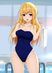Rule 34 | 1girl, bare shoulders, blonde hair, blurry, blurry background, blush, breasts, check copyright, cleavage, collarbone, commentary request, copyright request, covered navel, highleg, highres, holding, indoors, l.tea, large breasts, long hair, looking at viewer, one-piece swimsuit, original, school swimsuit, smile, solo, swimsuit, tongue, tongue out