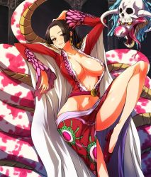 Rule 34 | 1girl, black hair, blush, boa hancock, breasts, cleavage, cowboy shot, earrings, female focus, highres, huge breasts, jewelry, jpeg artifacts, long hair, midriff, navel, nekomamire, one piece, resized, salome (one piece), shoes, skirt, skull, snake, solo, standing