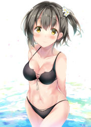 Rule 34 | 1girl, bad id, bad pixiv id, bare shoulders, bikini, black bikini, blush, breasts, brown eyes, brown hair, cleavage, closed mouth, collarbone, commentary request, flower, front-tie bikini top, front-tie top, hair between eyes, hair flower, hair ornament, looking at viewer, medium breasts, navel, one side up, original, signature, solo, suihi, swimsuit, water, white flower