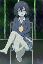 Rule 34 | 1girl, bandage on face, bandaged hand, bandaged head, bandaged leg, bandaged neck, bandages, bare legs, barefoot, bars, black hair, blue bow, blue bowtie, blue jacket, blue skirt, blush, bow, bowtie, chair, commentary request, crossed arms, crossed legs, feet, flower, folding chair, frown, glowing, glowing eyes, hair between eyes, hair flower, hair ornament, highres, indoors, jacket, leg wrap, looking at viewer, loose bowtie, mizuno ai, panties, pantyshot, parted lips, plaid, plaid bow, plaid bowtie, plaid skirt, raichi (ddq0246), red eyes, school uniform, shirt, short hair, sitting, skirt, soles, solo, toes, underwear, vest, white panties, white shirt, yellow vest, zombie, zombie land saga
