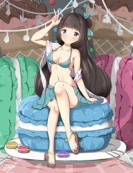 Rule 34 | 1girl, absurdres, ahoge, anklet, arm support, bikini, bikini skirt, black hair, blue bikini, blue eyes, blue ribbon, blue skirt, blush, breasts, closed mouth, commentary, english commentary, food, fork, full body, geta, hair bun, hair ribbon, highres, ice cream cone, jewelry, leaning to the side, leg up, legs, light blush, long hair, looking at viewer, macaron, medium breasts, miniskirt, navel, original, oversized object, plate, qianxiaolin, ribbon, sandals, shawl, side bun, single hair bun, single side bun, sitting, sitting on food, skirt, smile, solo, straight hair, swimsuit, w, white shawl