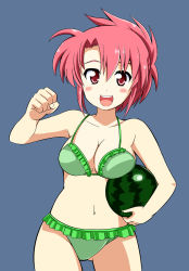 Rule 34 | 00s, 1girl, bare shoulders, bikini, breast rest, breasts, breasts squeezed together, carried breast rest, carrying, cleavage, food, fruit, green bikini, highres, holding, holding food, holding fruit, lyrical nanoha, mahou shoujo lyrical nanoha, mahou shoujo lyrical nanoha strikers, numbers (nanoha), oda masaru, red eyes, red hair, simple background, smile, solo, swimsuit, watermelon, wendi (nanoha)