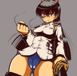 Rule 34 | 00s, 1girl, animal ears, black eyes, black hair, cameltoe, cleft of venus, clenched hand, eyepatch, unworn eyepatch, from below, grey background, heterochromia, holding, impossible clothes, impossible shirt, katana, long hair, military, military uniform, muhyowo, no pants, one-piece swimsuit, purple eyes, sakamoto mio, school swimsuit, shirt, simple background, solo, strike witches, swimsuit, swimsuit under clothes, sword, uniform, weapon, world witches series