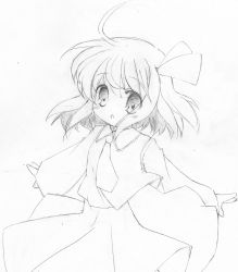 Rule 34 | 1girl, female focus, greyscale, looking at viewer, monochrome, no nose, rumia, short hair, solo, sou ryuu, touhou, traditional media
