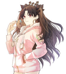 Rule 34 | 1girl, animal, animal on shoulder, black bow, black hair, bow, closed mouth, cowboy shot, crown, earrings, fate/grand order, fate (series), fur-trimmed hood, fur trim, gold earrings, gold trim, gugalanna, hair bow, hand in pocket, hand up, highres, hood, hooded jacket, hoop earrings, ishtar (fate), ishtar (swimsuit rider) (fate), jacket, jewelry, long hair, long sleeves, looking ahead, parted bangs, pink jacket, red eyes, simple background, smile, solo, standing, swimsuit, swimsuit under clothes, tsengyun, two side up, white background