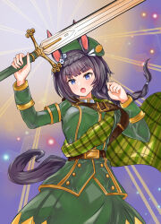 Rule 34 | 1girl, animal ears, belt, blue eyes, braid, breasts, brown belt, cape, commentary, cowboy shot, crown braid, ear ornament, green cape, green headwear, green jacket, green skirt, highres, holding, holding sword, holding weapon, horse ears, horse girl, horse tail, jacket, large breasts, long hair, long sleeves, looking at viewer, no eyewear, open mouth, plaid cape, ponytail, skirt, solo, sparkle, sword, tail, umamusume, v-shaped eyebrows, vandy76, weapon, zenno rob roy (umamusume)