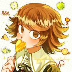 Rule 34 | 1boy, bong (0u0bon), brown eyes, brown hair, commentary, danganronpa: trigger happy havoc, danganronpa (series), food, fruit, fujisaki chihiro, hand up, happy birthday, heart, holding, looking at viewer, male focus, mouth hold, neck ribbon, portrait, ribbon, short hair, smile, solo, sticker, symbol-only commentary, trap