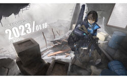 Rule 34 | 1girl, 2023, absurdres, alisi, ammunition pouch, artist name, assault rifle, bag, black footwear, black hair, blue bow, blue coat, blue skirt, bow, box, cardboard box, closed mouth, coat, commentary, dated, drum (container), full body, gun, headphones, highres, indoors, charm (object), letterboxed, long sleeves, looking to the side, open clothes, open coat, original, pouch, rifle, ruins, sailor collar, school uniform, serafuku, shoes, skirt, sneakers, solo, standing, translation request, two-sided coat, two-sided fabric, walkie-talkie, watermark, weapon, weapon request, white sailor collar, window, wooden box, yellow eyes