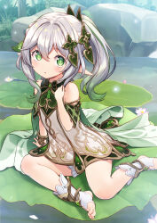 Rule 34 | 1girl, absurdres, arm support, bloomers, blush, bracelet, braid, cape, cross-shaped pupils, day, detached sleeves, dress, genshin impact, gold trim, gradient hair, green cape, green eyes, green hair, green sleeves, grey hair, hair between eyes, hair ornament, highres, jewelry, leaf hair ornament, lily pad, long hair, looking at viewer, multicolored hair, nahida (genshin impact), outdoors, pointy ears, rock, side braid, side ponytail, sitting, solo, stirrup footwear, stirrup legwear, symbol-shaped pupils, tenkuu nozora, toeless footwear, toeless legwear, toes, underwear, water, white bloomers, white dress, white footwear