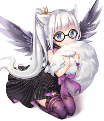 Rule 34 | 1girl, animal ears, animal print, bad id, bad pixiv id, bare shoulders, bat print, black dress, black wings, blade &amp; soul, blue eyes, choker, commentary request, commission, covering own mouth, dress, feathered wings, glasses, holding, holding with tail, libix, long hair, lyn (blade &amp; soul), ponytail, prehensile tail, print thighhighs, purple thighhighs, silver hair, simple background, sitting, smile, solo, strapless, strapless dress, striped clothes, striped dress, tail, thighhighs, very long hair, white background, wings, wolf ears, wolf tail