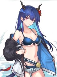 Rule 34 | 1girl, arknights, bare shoulders, belt, bikini, bikini under clothes, black jacket, blue bikini, blue hair, breasts, ch&#039;en (arknights), ch&#039;en the holungday (arknights), ch&#039;en the holungday (elite ii) (arknights), cleavage, collarbone, commentary request, cowboy shot, dragon horns, dragon tail, flower, grey shorts, hair between eyes, hair flower, hair ornament, highleg, highleg bikini, highres, horns, jacket, long hair, long sleeves, looking at viewer, mabing, medium breasts, micro shorts, navel, off shoulder, open clothes, open jacket, parted lips, red eyes, red flower, shorts, solo, standing, stomach, swimsuit, tail, white background