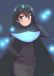 Rule 34 | 1girl, absurdres, black cape, black eyes, black gloves, black hair, black pants, black sweater, cape, commentary, gloves, hair between eyes, hand on own hip, hand up, head wings, highres, kemono friends, long sleeves, looking at viewer, pants, ribbed sweater, shiraha maru, short hair, smile, solo, superb bird-of-paradise (kemono friends), sweater, turtleneck, turtleneck sweater, wings