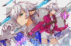 Rule 34 | 1boy, 1girl, absurdres, alisaie leveilleur, alphinaud leveilleur, belt, blue eyes, braid, brother and sister, closz, commentary, crystal, earrings, english commentary, final fantasy, final fantasy xiv, gloves, highres, holding, holding sword, holding weapon, jacket, jewelry, parted lips, pointy ears, rapier, red jacket, red mage (final fantasy), sage (final fantasy), shorts, siblings, smile, sword, thighhighs, weapon, white gloves, white hair, white thighhighs, zettai ryouiki