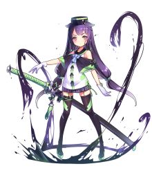 Rule 34 | 1girl, absurdres, animal ears, blvefo9, bow, braid, female focus, garter straps, gloves, hair bow, hat, highres, katana, long hair, looking at viewer, md5 mismatch, original, purple eyes, purple hair, resolution mismatch, simple background, skirt, solo, source smaller, sword, thighhighs, twin braids, twintails, very long hair, weapon, white background, zettai ryouiki