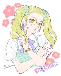 Rule 34 | 1girl, 2023, amenoimo, ayase yuka, bandaid, blonde hair, earrings, freckles, glasses, hair ornament, hair scrunchie, jewelry, lips, lipstick, long hair, looking at viewer, makeup, nail polish, persona, persona 1, scrunchie, solo, twintails, watch, wristwatch, yellow eyes