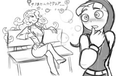 Rule 34 | 2girls, bench, breasts, curly hair, embarrassed, gabrielle (sister claire), greyscale, hair over one eye, medium breasts, monochrome, multiple girls, nun, open clothes, open shirt, parody, shirt, sister claire (yamino), yamino, yaranaika, yuri