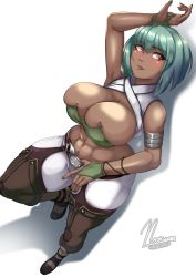 Rule 34 | 1girl, abs, artist name, bare shoulders, belt, blush, boots, breasts, cleavage, emerald sustrai, green hair, large breasts, noxcuro, pants, red eyes, rwby, sleeveless, solo, thick thighs, thighs, tight clothes, tight pants, white background, white pants, wide hips