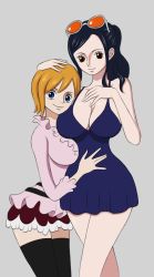 Rule 34 | 2girls, closed mouth, cowboy shot, dress, glasses on head, hand on another&#039;s head, highres, hug, koala (one piece), looking at viewer, maddy1tra, multiple girls, nico robin, one piece, simple background, smile