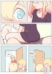 Rule 34 | ..., 1boy, 2girls, absurdres, black shirt, blonde hair, blue eyes, colo (nagrolaz), comic, commentary, emphasis lines, english commentary, english text, freckles, gradient hair, hair over one eye, hetero, highres, long hair, multicolored hair, multiple girls, no pants, original, pink hair, shirt, short sleeves, sparkling eyes, spoken ellipsis, straddling, tank top, walk-in, white tank top