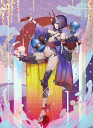 Rule 34 | 1girl, alcohol, blunt bangs, breasts, character name, copyright name, cup, fate/grand order, fate (series), flower, food, fruit, full body, gourd, grapes, horns, japanese clothes, kimono, looking at viewer, mins (minevi), navel, oni, open mouth, pale skin, purple hair, sakazuki, sake, short hair, shuten douji (fate), skin-covered horns, small breasts, smile, solo