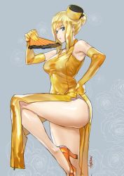 Rule 34 | 1girl, ashiomi masato, blonde hair, blue eyes, breasts, china dress, chinese clothes, dress, elbow gloves, gloves, guilty gear, hand fan, hat, high heels, long hair, looking at viewer, millia rage, orange hat, simple background, solo