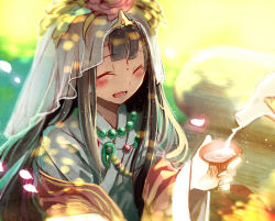 Rule 34 | 1girl, alcohol, black hair, blush, bottle, coat, closed eyes, facial mark, forehead mark, haneten kagatsu, haori, headdress, japanese clothes, jewelry, kushinada (p&amp;d), long hair, long sleeves, lots of jewelry, magatama, necklace, open mouth, out of frame, outdoors, petals, pouring, puzzle &amp; dragons, sake, sake bottle, smile, wheat
