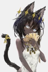 Rule 34 | 1girl, animal ears, bangosu, bare shoulders, black hair, black nails, breasts, cat ears, cat tail, colored skin, commentary request, covering own mouth, dark-skinned female, dark skin, dress, egypt, egyptian, grey background, grey skin, hand up, highres, holding, looking at viewer, nail polish, original, simple background, small breasts, solo, sparkle, tail, tail raised, upper body, white dress, white eyes