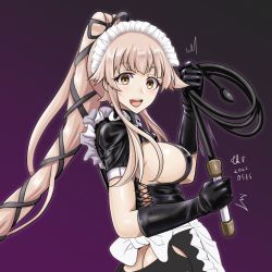 Rule 34 | :d, apron, ass, ass cutout, black gloves, breasts, brown eyes, clothing cutout, commentary request, dated, dominatrix, elbow gloves, frilled apron, frills, gloves, gradient background, holding, holding whip, kantai collection, large breasts, latex, latex gloves, light brown hair, long hair, looking at viewer, maid, maid apron, maid headdress, open mouth, ponytail, revealing clothes, short sleeves, sideboob, signature, smile, teeth, tk8d32, upper body, upper teeth only, very long hair, whip, white apron, yura (kancolle)