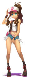 Rule 34 | 10s, 1girl, alternate color, bad id, bad pixiv id, boots, brown hair, coon, creatures (company), crop top, crop top overhang, cutoffs, denim, denim shorts, game freak, grin, hat, high ponytail, highres, hilda (pokemon), long hair, looking at viewer, midriff, navel, nintendo, panties, pink panties, pokemon, pokemon bw, revision, shiny skin, shirt, short shorts, shorts, sleeveless, smile, solo, underwear, unzipped, vest, white shirt, wristband
