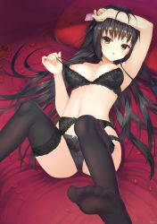 Rule 34 | 1girl, absurdres, arm up, armpits, bed sheet, black bra, black hair, black panties, black thighhighs, bra, breasts, cafe stella to shinigami no chou, collarbone, condom, flower, garter belt, haku89, highres, holding, holding condom, lace, lace-trimmed bra, lace-trimmed panties, lace trim, long hair, looking at viewer, lying, medium breasts, navel, nipples, on back, on bed, open mouth, panties, petals, pillow, red flower, red rose, rose, shiki natsume, solo, thigh strap, thighhighs, underwear, underwear only, very long hair, yellow eyes