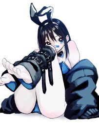 Rule 34 | 1girl, animal ears, bandaid, bandaid on face, bandaid on nose, bare shoulders, barefoot, black hair, black jacket, black leg warmers, blue bow, blue bowtie, blue eyes, blue leotard, bow, bowtie, buckle, detached collar, fake animal ears, highres, jacket, leg warmers, legs up, leotard, long hair, long sleeves, looking at viewer, off shoulder, open clothes, open jacket, original, playboy bunny, rabbit ears, sidelocks, simple background, sitting, sleeves past fingers, sleeves past wrists, solo, straight hair, strapless, strapless leotard, toes, tongue, tongue out, urokogaran, white background