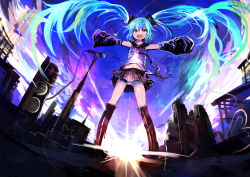 Rule 34 | 1girl, :d, absurdres, amplifier, aqua eyes, aqua hair, black footwear, boots, cable, detached sleeves, hatsune miku, highres, kaamin (mariarose753), kamindani, knee boots, long hair, looking at viewer, microphone, microphone stand, necktie, open mouth, outstretched arms, panties, pantyshot, skirt, sky, sleeveless, sleeves past wrists, smile, solo, speaker, standing, sun, sunlight, twintails, underwear, upskirt, very long hair, vocaloid, white panties