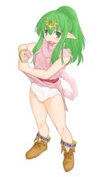 Rule 34 | 1girl, anklet, bangle, blush, boots, bracelet, fang, fire emblem, fire emblem: mystery of the emblem, fire emblem awakening, green eyes, green hair, jewelry, kasuga yukihito, long hair, matching hair/eyes, nintendo, panties, pointy ears, ponytail, scarf, solo, tiki (fire emblem), underwear, wet, wet clothes, wringing clothes