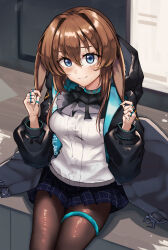 Rule 34 | 1girl, absurdres, amiya (arknights), animal ears, arknights, ascot, black ascot, black jacket, black pantyhose, blue eyes, blue skirt, blush, breasts, brown hair, clothes writing, collar, cowboy shot, hair between eyes, hand on own ear, highres, jacket, jewelry, long hair, long sleeves, looking at viewer, multiple rings, open clothes, open jacket, pantyhose, plaid, plaid skirt, pleated skirt, pulling own ear, purplecat, rabbit ears, rabbit girl, ring, shirt, sitting, skirt, small breasts, smile, solo, white shirt