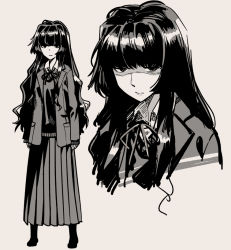Rule 34 | &gt;:(, 1girl, blazer, covered eyes, frown, glaring, greyscale, grimace, hair over eyes, hikage monogatari, hunched over, jacket, jimiko, long hair, looking at viewer, mojo, monochrome, nerdy girl&#039;s story, pleated skirt, ribbon, scowl, shirt tucked in, skirt, solo, tented shirt, tsuchiya shizuku, unkempt, urin, v-shaped eyebrows