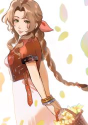 Rule 34 | 1girl, aerith gainsborough, arms behind back, bangle, basket, bracelet, braid, braided ponytail, breasts, brown hair, cowboy shot, cropped jacket, dress, falling petals, final fantasy, final fantasy vii, final fantasy vii remake, flower, flower basket, green eyes, hair ribbon, highres, holding, holding basket, jacket, jewelry, long hair, looking at viewer, medium breasts, parted bangs, parted lips, petals, pink dress, pink ribbon, red jacket, ribbon, short sleeves, sidelocks, smile, softp3ach, solo, teeth, wavy hair, white background, yellow flower