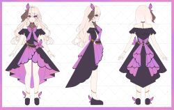 Rule 34 | 1girl, :d, absurdres, bare shoulders, black choker, black dress, black footwear, blush, bow, bowtie, butterfly hair ornament, character sheet, choker, covered collarbone, dress, flat color, full body, hair between eyes, hair ornament, highres, legs apart, light brown hair, long hair, looking at viewer, mole, mole under mouth, multiple views, off-shoulder dress, off shoulder, open mouth, original, purple bow, purple bowtie, purple eyes, raised eyebrows, shoes, short dress, simple background, smile, straight hair, thighs, turnaround, white background, yulha 06