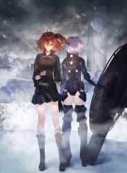 Rule 34 | 2girls, ahoge, armor, armored bodysuit, armored boots, ass, belt, black footwear, black gloves, black shirt, black skirt, blouse, bodysuit, boots, breasts, brown eyes, brown hair, cable, collared shirt, command spell, fate/grand order, fate (series), faulds, fujimaru ritsuka (female), fujimaru ritsuka (female) (polar chaldea uniform), full body, gloves, gorget, greaves, grey sky, hair between eyes, hair ornament, hair scrunchie, hand tattoo, head-mounted display, highres, hotosoka (user nxja5583), knee boots, leotard, light purple hair, looking at viewer, mash kyrielight, mash kyrielight (ortenaus), medium breasts, miniskirt, motion blur, mountainous horizon, multiple girls, one side up, outdoors, parted bangs, pauldrons, pleated skirt, popped collar, scrunchie, shirt, short hair, shoulder armor, skirt, sky, snow, snowing, standing, tattoo, thigh boots, thighhighs, wind, winter