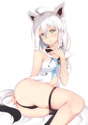 Rule 34 | 1girl, absurdres, ahoge, animal ears, ass, bed sheet, black panties, black thighhighs, blush, braid, breasts, cleavage, commentary, drawstring, fingernails, fingers to mouth, fox ears, fox shadow puppet, fox tail, green eyes, hand on own ass, hand up, highres, hololive, looking at viewer, medium breasts, navel, neckerchief, no undershirt, open clothes, open shirt, paddy san, panties, sailor collar, shirakami fubuki, shirakami fubuki (1st costume), simple background, single braid, single thighhigh, smile, solo, tail, thigh strap, thighhighs, thighs, underwear, virtual youtuber, white background, white hair