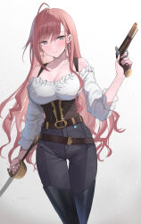 Rule 34 | 1girl, antique firearm, arisugawa natsuha, bare shoulders, belt, belt buckle, black belt, black footwear, black pants, boots, breasts, brown belt, brown corset, brown hair, buckle, cleavage, closed mouth, collarbone, commentary request, corset, cross, cross earrings, earrings, feet out of frame, firearm, firelock, frilled sleeves, frills, gradient background, grey background, grey eyes, gun, hair between eyes, handgun, highres, holding, holding gun, holding sword, holding weapon, idolmaster, idolmaster shiny colors, jewelry, large breasts, latin cross, light blush, long hair, long sleeves, looking at viewer, off shoulder, pants, partial commentary, rapier, shirt, shougun (chuckni1), sleeves past elbows, smile, solo, sword, thigh boots, weapon, white background, white shirt