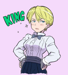 Rule 34 | 1girl, blonde hair, blue eyes, bow, bowtie, breasts, character name, formal, hands on own hips, king (snk), nitioku, reverse trap, ryuuko no ken, shirt, short hair, solo, the king of fighters, white shirt