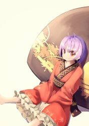 Rule 34 | 1girl, ahoge, barefoot, beige background, between legs, bowl, breasts, closed mouth, feet out of frame, hand between legs, highres, looking at viewer, petticoat, purple hair, red eyes, red robe, robe, shaku (syak 18), short hair, simple background, sitting, small breasts, smile, solo, sukuna shinmyoumaru, touhou, v arms, wide sleeves