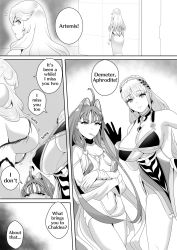 Rule 34 | 3girls, ancient greek clothes, anger vein, aphrodite (fate), artemis (fate), ass, bouncing breasts, breast envy, breasts, choker, cleavage, covered erect nipples, demeter (fate), dress, earrings, english text, fate/grand order, fate (series), greco-roman clothes, greyscale, hair ornament, highres, hip vent, huge breasts, jewelry, kmvt, large breasts, long hair, monochrome, multiple girls, navel, necklace, no bra, no panties, open mouth, sideboob, sidelocks, small breasts, speech bubble, stomach, thighs, underboob
