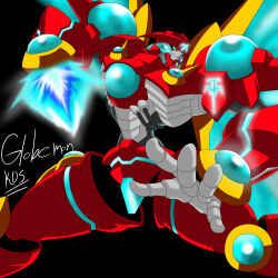 Rule 34 | 1boy, absurdres, appmon, armor, artist request, black background, character name, creature, digimon, digimon universe: appli monsters, energy sword, full armor, globemon, highres, looking to the side, mechanical arms, monster, neon lights, no humans, simple background, solo, sword, weapon